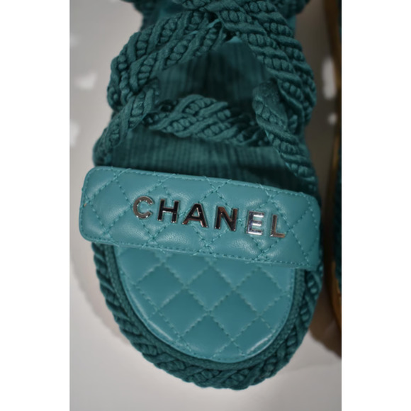 Chanel 21S Dad Green Blue Cord Rope CC Quilted Mule Ankle Strap Sandal Flat 40 - Picture 11 of 12